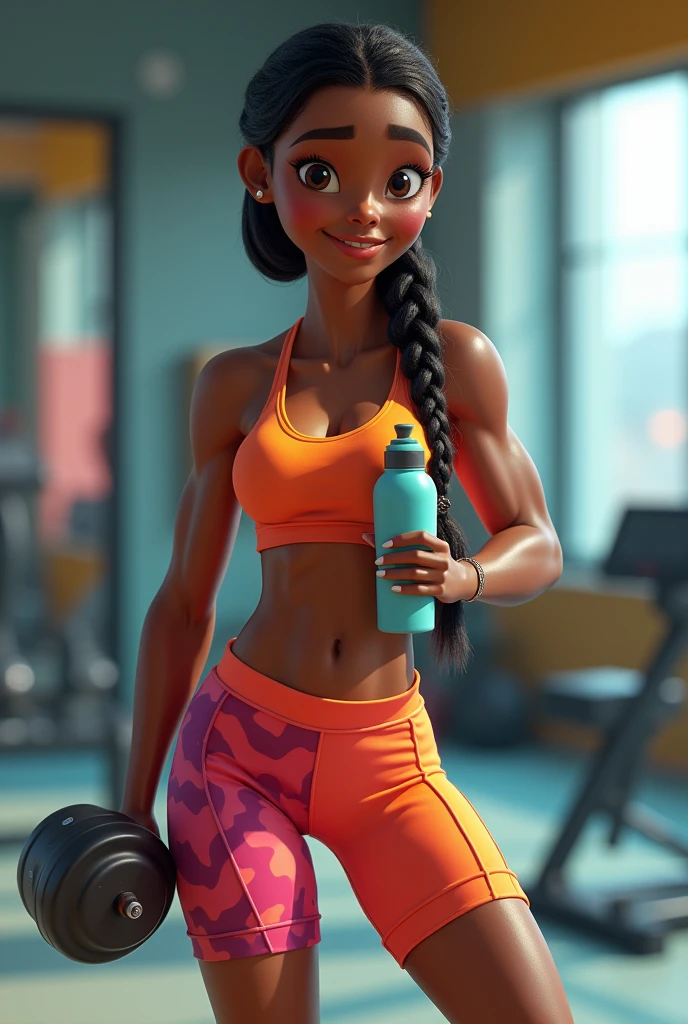 pixar 3d drawing of a black brazilian woman, full body hair tied in a braid with gym clothes standing holding a bottle of water and a gym weight