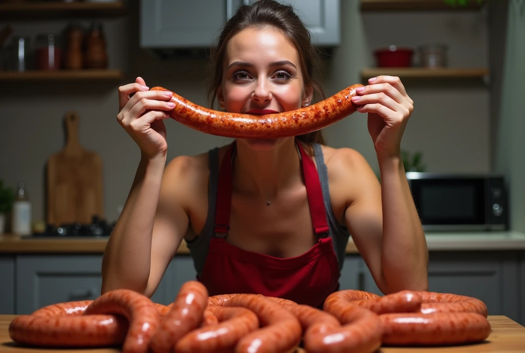 put sausage in mouth,Heaps of sausages in both hands,muscular woman Eating penis battle contest,in kitchen stadium,