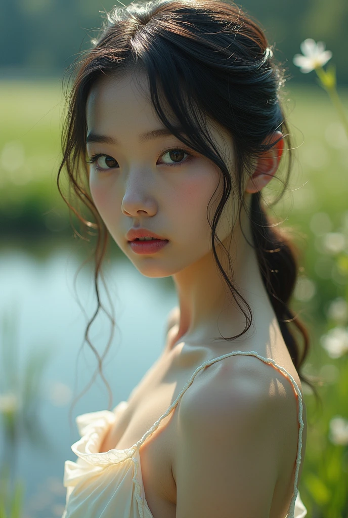 A mystical and ethereal scene with stars, flowers, nature, Falling Rain, etc.. It is all made up of light and luminance., (best quality, 4K,8k, high resolution, masterpiece:1.2), (Extreme upper body close-up angle), very detailed (realistic) , realistic, realistic):1.37),movie lights,dramatic atmospheric lighting,vivid colors,fancy,초realistic,luminous,dreamlike,ethereal,magical,convoluted details,lush vegetation,quiet,feeble,convoluted,elegant,soft focus ,feels like a movie, dramatic, great composition