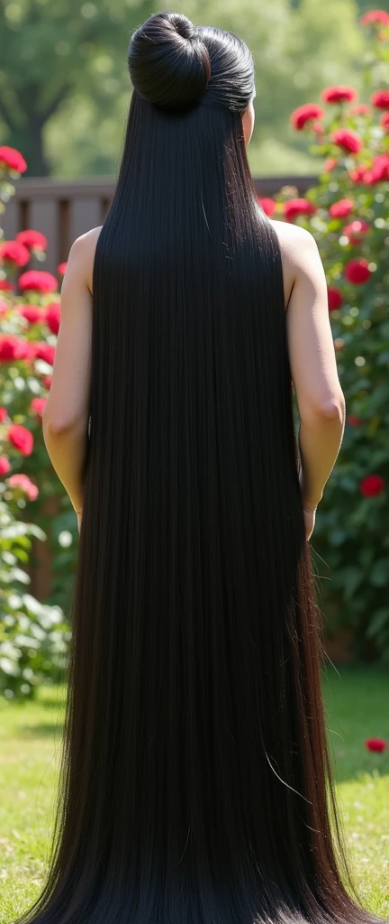 Cute Japanese girl,((full body shot from hair to feet)), ((naked)),(NSFW),with a very large hair bun, the diametre, very large bun, The diameter of her bun is 100 centimeters ,circular bun, shiny black hair, about 8 meters long hair, length knee hair,very shiny hair, loose hair filling the entire ground, the ground is full of her long hair , ((both hands hold long hair)), ((gigantic breast)), large breast,shaggy ,on back yard atmosphere,red rose plant around, laughing,(looking back over shoulder) ,, ((straight hair)), very thick hair,((Thickness of hair is 100 cm)), , , bright sunlight from side,