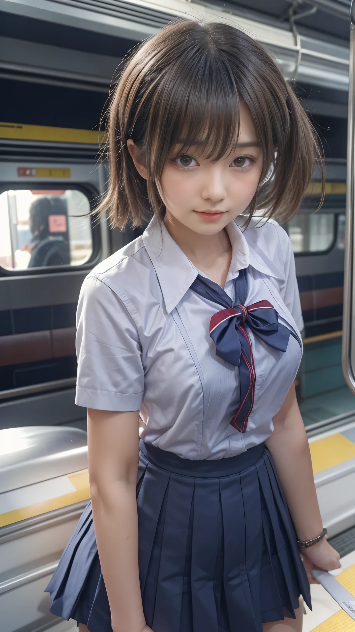 top-quality,high-level image quality,ultra-detailliert,​masterpiece,realisitic,a picture,Bright lighting,1 girl in, Beautiful age girl, (kawaii:1.2), (Shortcut Hair),((accurate hands without incongruity)),((a sailor suit)),((Short sleeve uniform white shirt)),(red necktie),(Blue Mini Pleated Skirt),panties focus,((Sit up)), (Black knee socks),(Loafer shoes), during daytime,On the train,Horizontal long seat with your back to the window,eye glasses,