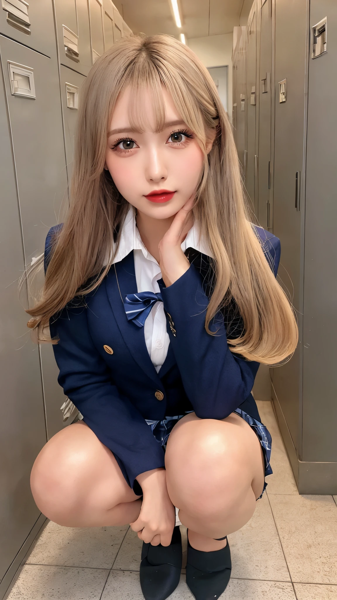 High resolution、Blonde Hair,Light Hair Color、Beautiful eyelashes、20-year-old、Highest quality、Very detailed、Finer details、8k、Beautiful eyes in every detail、Natural lip color、Long Hair、straight hair、Cute face、Large Breasts,Big eyes,looking at viewer、Beautiful feet, school uniform、Navy blue blazer、mini skirt、Knee-high socks、School、locker room、ribbon、squat、blush、Hands tucked between the crotches