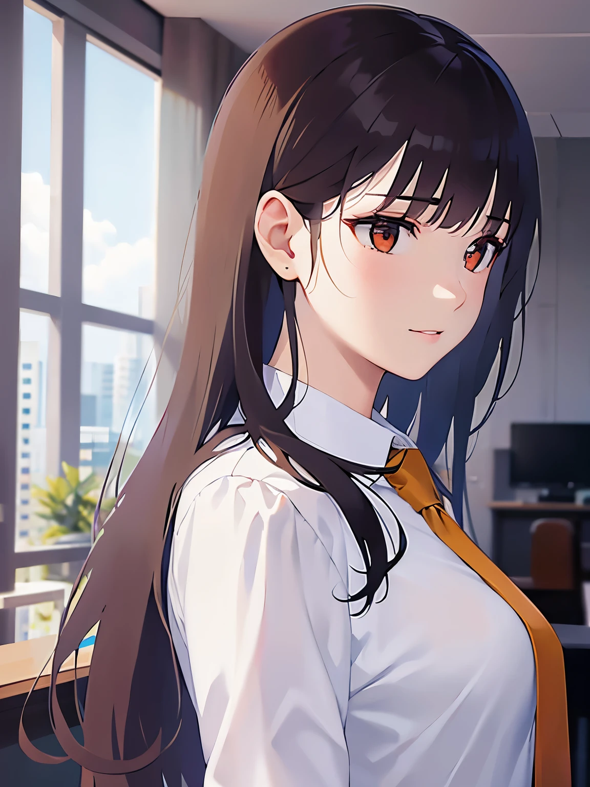 side angle, (looking away:1.5), Upper Body, Realistic, real person, (pale skin: 1.2), RAW photo, photorealistic, shiny skin, shiny hair、(A 2 woman with medium-length hair and bangs) and (wavy hair) and (brown hair) and (orange eyes), (business suit:1.5) and (white collared shirt) 、smile, Background is an office room、Alone、Are standing