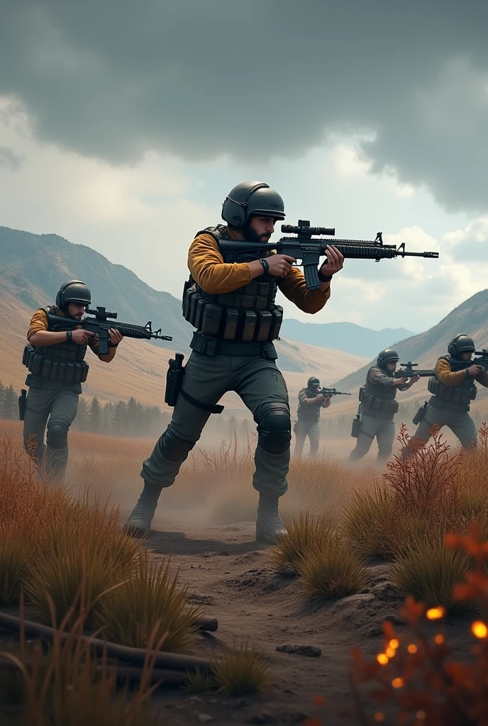 A landscape thumbnail of pubgmobile ,there is a soldier fighting with 4 enemies they have heavy arms .
