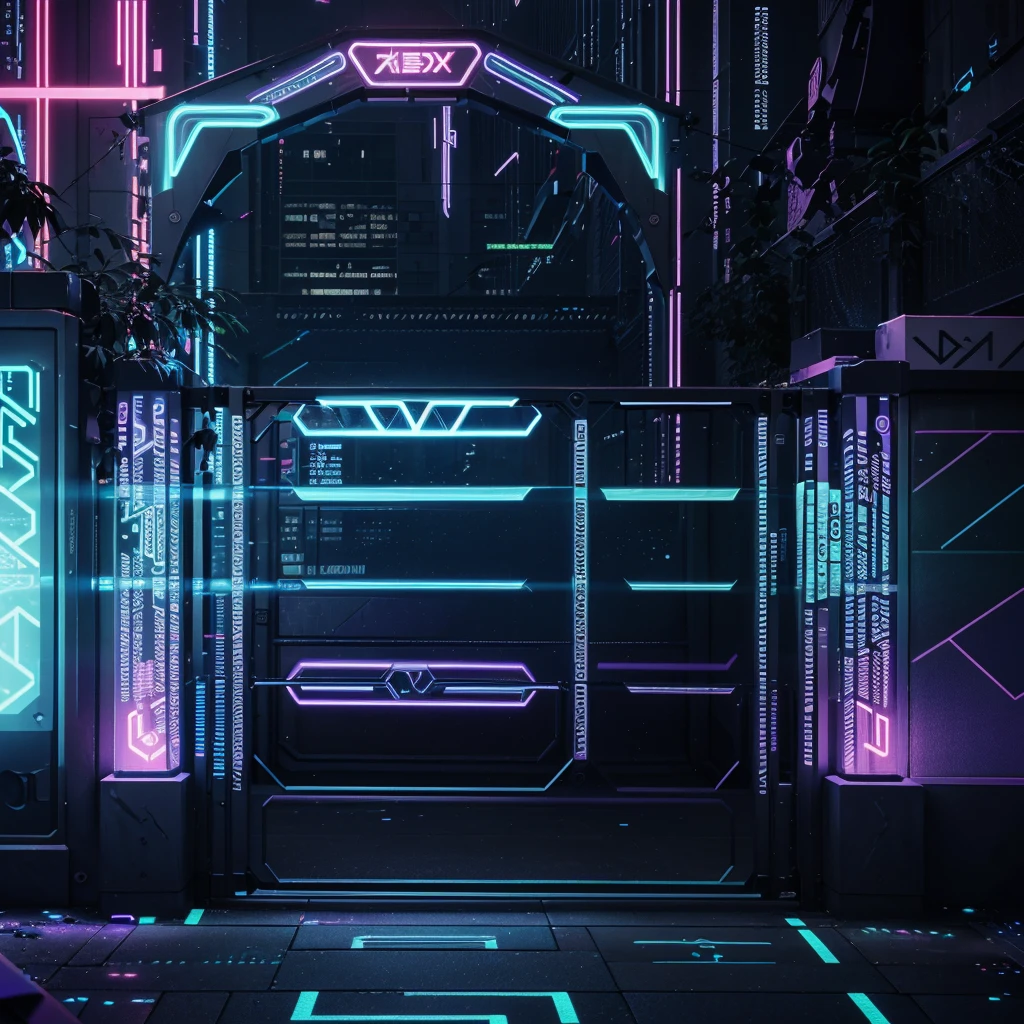 Neon Cyberpunk barrier, futuristic high-tech wall for a runner game, featuring glowing neon blue and purple lights, sleek and angular design, with intricate holographic patterns and detailed circuitry. The barrier should be designed with sharp edges and energy lines to emphasize its role as an obstacle. The structure should be static and solid, reflecting a high-tech, cyberpunk environment.