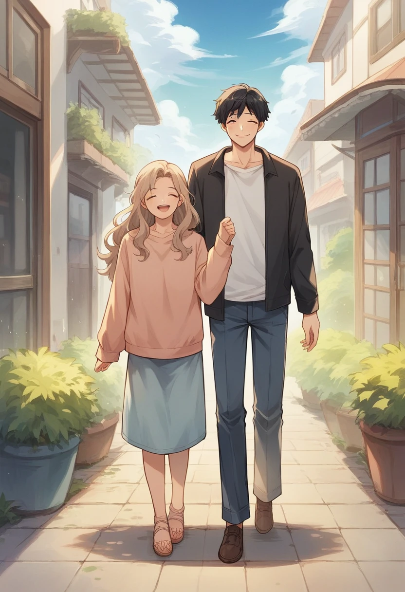 masterpiece, anime, best quality, 2others, couple, mature, adult, height difference, different fashion, different color, casual clothes, long sleeves, smile, happy, love, swirling wind, blue sky, long haired man, light brown hair man, black hair woman, black hair woman  