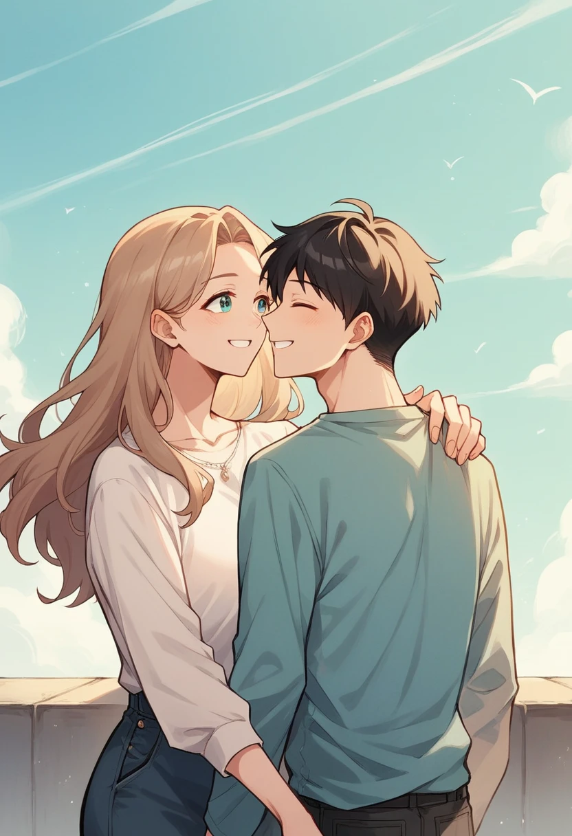 masterpiece, anime, best quality, 2others, couple, mature, adult, height difference, different fashion, different color, casual clothes, long sleeves, smile, happy, love, swirling wind, blue sky, long haired man, light brown hair man, black hair woman, black hair woman  