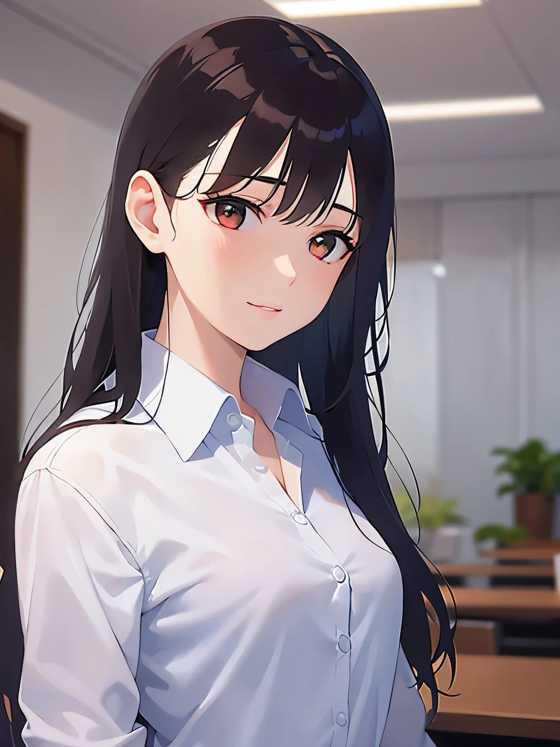 side angle, (looking away:1.5), Upper Body, Realistic, real person, (pale skin: 1.2), RAW photo, photorealistic, shiny skin, shiny hair、(A 2 woman with medium-length hair and bangs) and (wavy hair) and (brown hair) and (orange eyes), (business suit:1.5) and (white collared shirt) 、smile, Background is an office room、Alone、Are standing