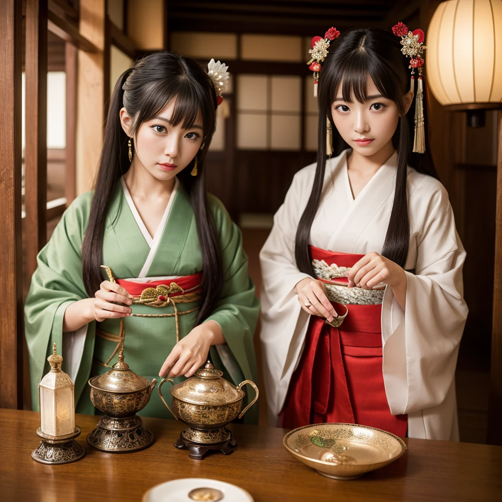 ((Highest quality、Tabletop、8k、Best image quality、1people))、Japanese Shrine maiden of the Edo period、Japanese hair ornaments、Shrine maiden'White、Shrine maiden千早、Shrine maiden'Red too、long Red too、perfect red and white Shrine maiden costume、The atmosphere of ancient Japan、classic and classic Shrine maiden、Classic atmosphere、Depiction of the film、classic Shrine maiden、Full of Japanese atmosphere from the Edo period、Look at me、Elegant smile、Upper body photo、Perfectly recreates the atmosphere of Japan during the Edo period、halo、High quality,Japanese idol,18yo,expressionless,look at viewer,medium bob hair, brown hair,Colorful flower crown in primary colors, brown eyeshadow, light pink cheek,eyeliner, beige lipstick, glossy lips, pink dress with frills and lace, colorful flower petals in primary colors, detailed hair, slightly tousled hair, detailed eyelash,detailed skin pores,low angle,blue background,natural lighting