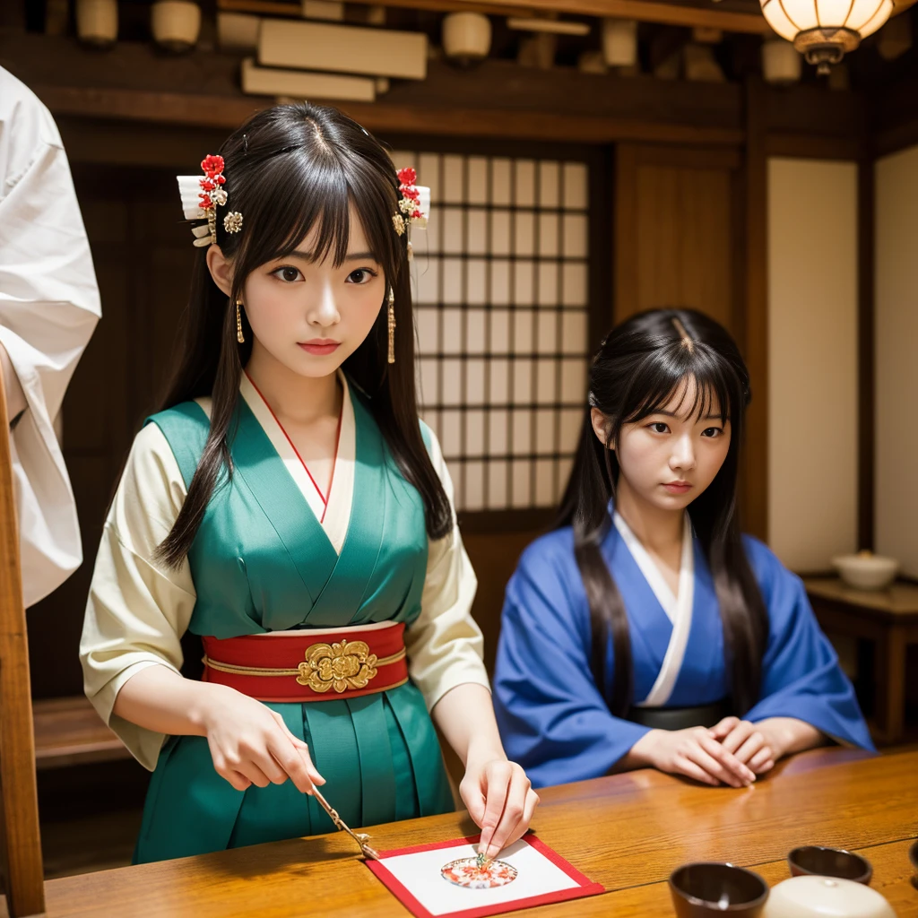 ((Highest quality、Tabletop、8k、Best image quality、１people))、Japanese Shrine maiden of the Edo period、Japanese hair ornaments、Shrine maiden&#39;White、Shrine maiden千早、Shrine maiden&#39;Red too、long Red too、perfect red and white Shrine maiden costume、The atmosphere of ancient Japan、classic and classic Shrine maiden、Classic atmosphere、Depiction of the film、classic Shrine maiden、Full of Japanese atmosphere from the Edo period、Look at me、Elegant smile、Upper body photo、Perfectly recreates the atmosphere of Japan during the Edo period、halo、High quality,Japanese idol,18yo,expressionless,look at viewer,medium bob hair, brown hair,Colorful flower crown in primary colors, brown eyeshadow, light pink cheek,eyeliner, beige lipstick, glossy lips, pink dress with frills and lace, colorful flower petals in primary colors, detailed hair, slightly tousled hair, detailed eyelash,detailed skin pores,low angle,blue background,natural lighting