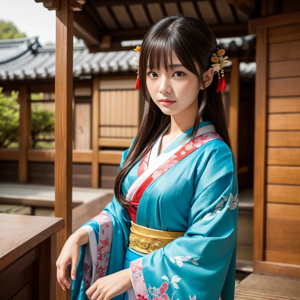((Highest quality、Tabletop、8k、Best image quality、1people))、Japanese Shrine maiden of the Edo period、Japanese hair ornaments、Shrine maiden'White、Shrine maiden千早、Shrine maiden'Red too、long Red too、perfect red and white Shrine maiden costume、The atmosphere of ancient Japan、classic and classic Shrine maiden、Classic atmosphere、Depiction of the film、classic Shrine maiden、Full of Japanese atmosphere from the Edo period、Look at me、Elegant smile、Upper body photo、Perfectly recreates the atmosphere of Japan during the Edo period、halo、High quality,Japanese idol,18yo,expressionless,look at viewer,medium bob hair, brown hair,Colorful flower crown in primary colors, brown eyeshadow, light pink cheek,eyeliner, beige lipstick, glossy lips, pink dress with frills and lace, colorful flower petals in primary colors, detailed hair, slightly tousled hair, detailed eyelash,detailed skin pores,low angle,blue background,natural lighting