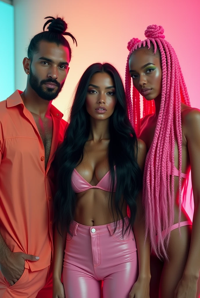 INSTAGRAM MODEL , with long black hair , with her friends , A very handsome and fair Arab guy , long black hair manbun, muscular with abs , Threaded long thick pink braids white girl , full body view,