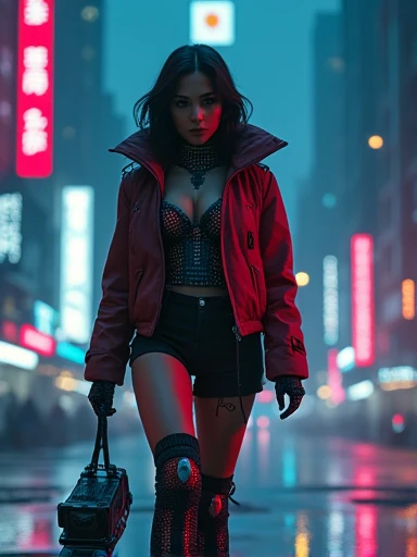 (Masterpiece. Uhd. Photorealistic) An ultra hot gorgeous European adventuress. Age 23. Voluptuous hourglass body. Epic cleavage (100E breast size).clothes and face lit by LED. She travels through an cybercity urban jungle, ((followed by a robot guide)).at night.