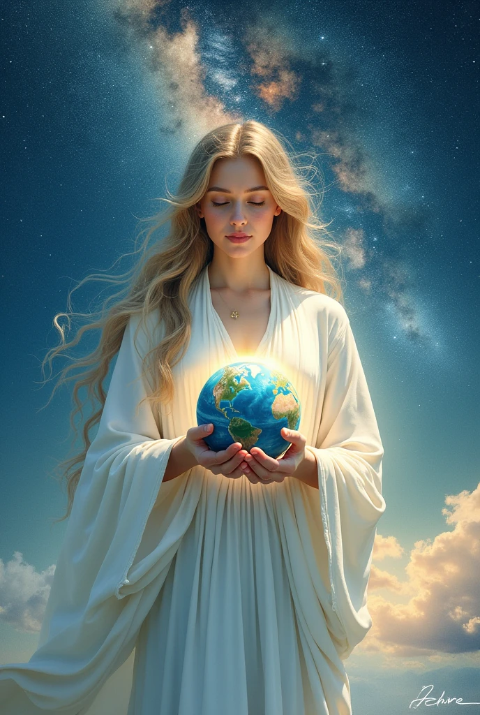 masterpiece、Highest quality、Highest quality、Detailed Description、beautiful、art、Watercolor、Epic、壮大なuniverse、母なるuniverseに抱かれる地球、母なるuniverse、Milky Way、A woman who blends into the galaxy、Woman holding the earth、A woman in white clothes holds the earth、壮大なuniverse、universe、4K Graphics