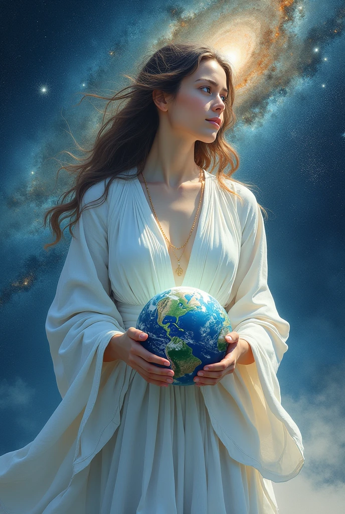 masterpiece、Highest quality、Highest quality、Detailed Description、beautiful、art、Watercolor、Epic、壮大なuniverse、母なるuniverseに抱かれる地球、母なるuniverse、Milky Way、A woman who blends into the galaxy、Woman holding the earth、A woman in white clothes holds the earth、壮大なuniverse、universe、4K Graphics