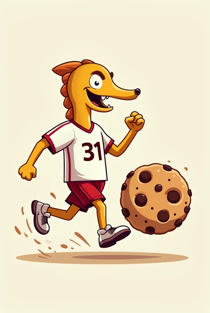 Create a logo of a fishbone wearing a soccer shirt with jersey number 31 kicking one big cookies