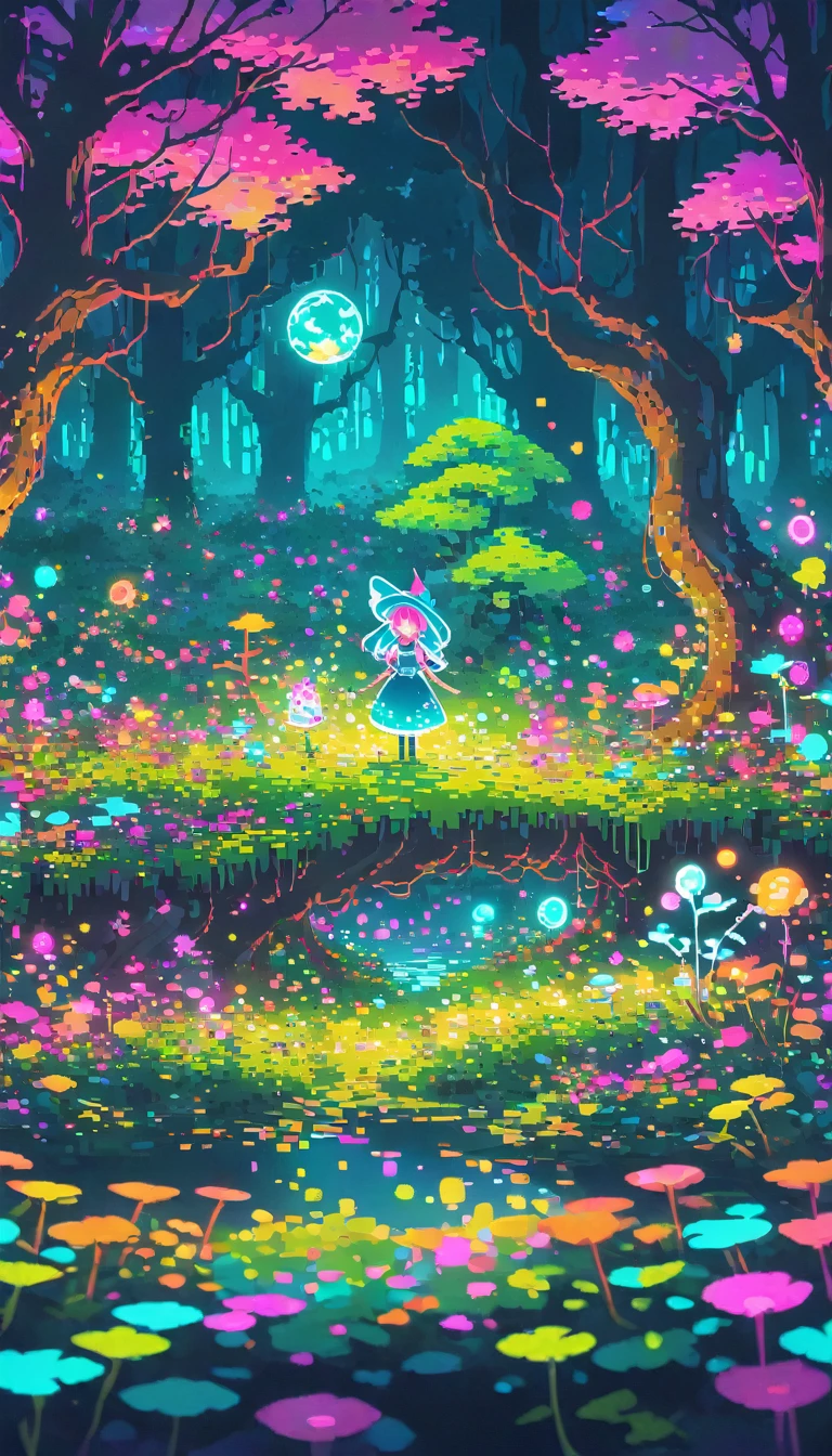 dark neon Magical Forest and Witch pixel