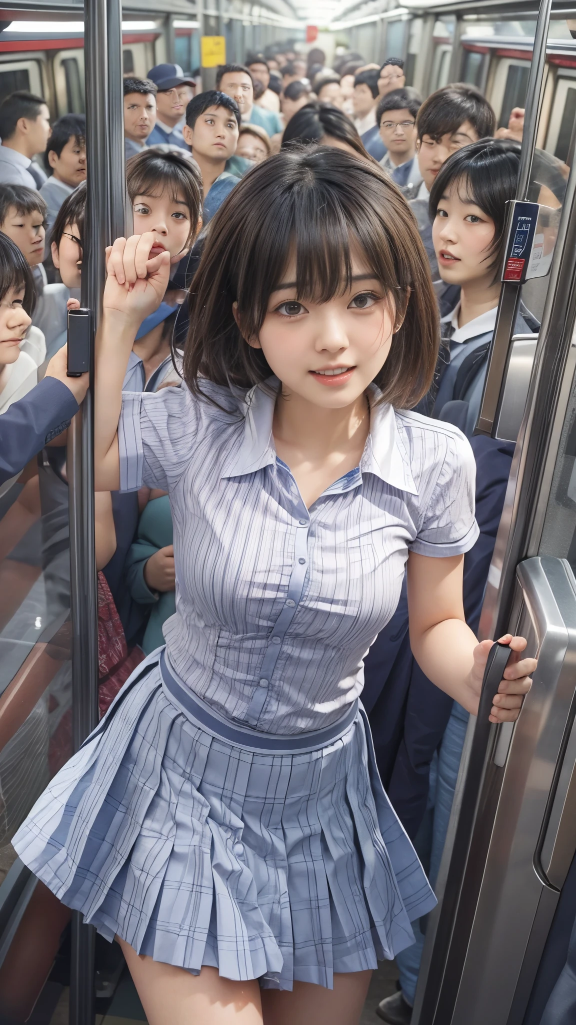 (molestation), japanese girl crying, (medium breasts), (white short sleeve shirt, darkblue neckribbon, pleated short skirt, darkbrown short length hair, side bangs, ear:1.2), a man grabs her chest behind girl, ((in the train:1.3)), masterpiece, highest quality, very detailed, crowd surfing, very realistic face, very realistic nipples, very realistic eyes, crowd of people around girl, 1 girl, the people around girl, very wet and sweaty, (Perfect Anatomy:1.4), ((Small beautiful butt)), (Detailed eyes and face:1.2, Professional photography techniques), (Detailed hands:1.1、The right move:1.2), (Hands on shoulders, Grabbing the straps), ((From above))