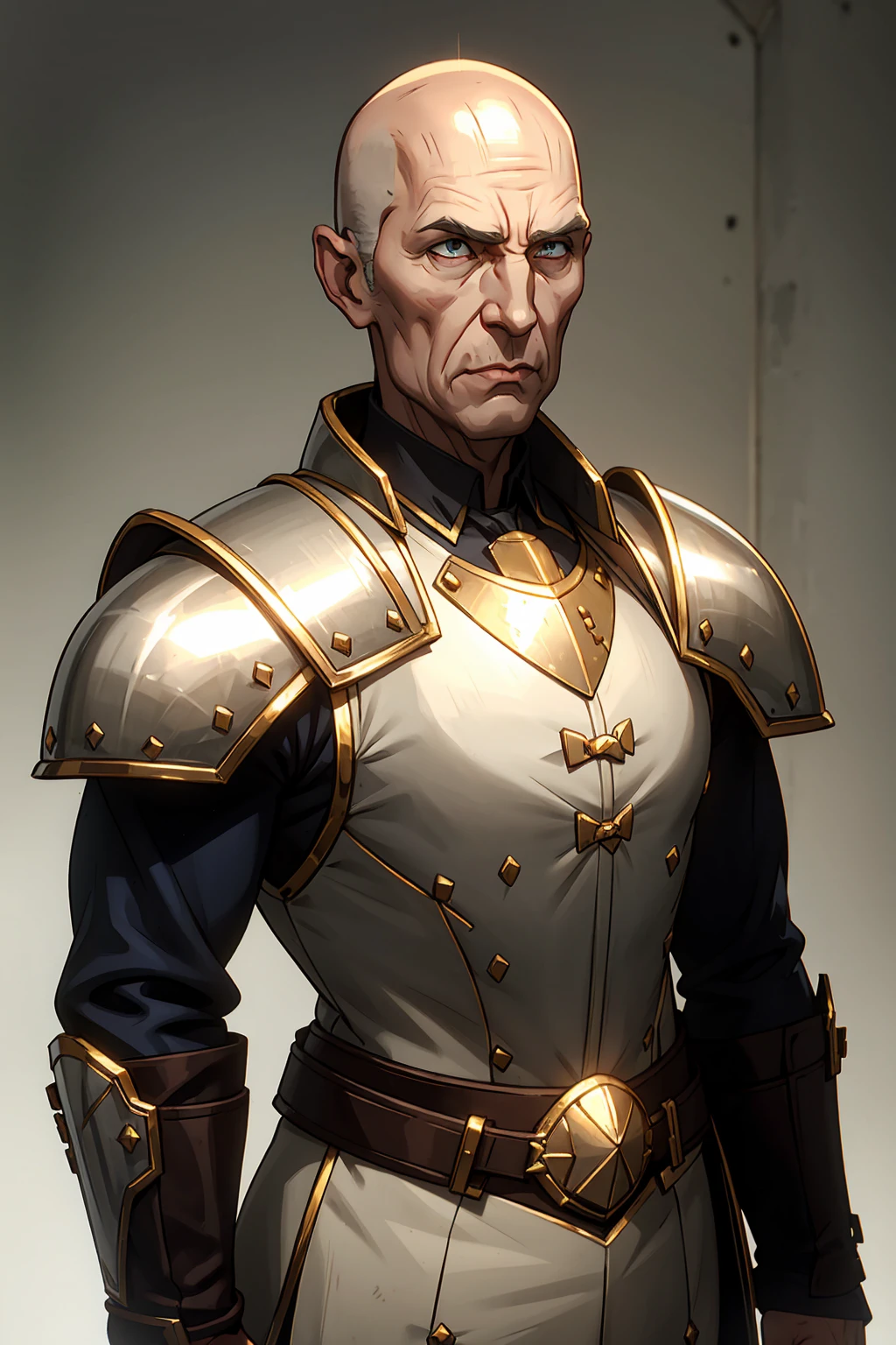 bald gaunt old man with hollow cheeks in a silver French Cuirassiers Breast-Plate chest Armor with brown robe below and glowing si-fi LED light attached, portrait, plain white background