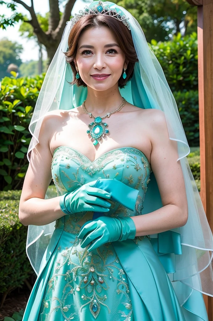 ((Masterpiece)), ((Best Quality)), A middle-aged short-hair woman, ((She is wearing an ornamental aqua color wedding dress)), She is wearing gloves on her hands., outdoor, She is in a garden. She is wearing a big necklace, She is wearing a wedding veil.