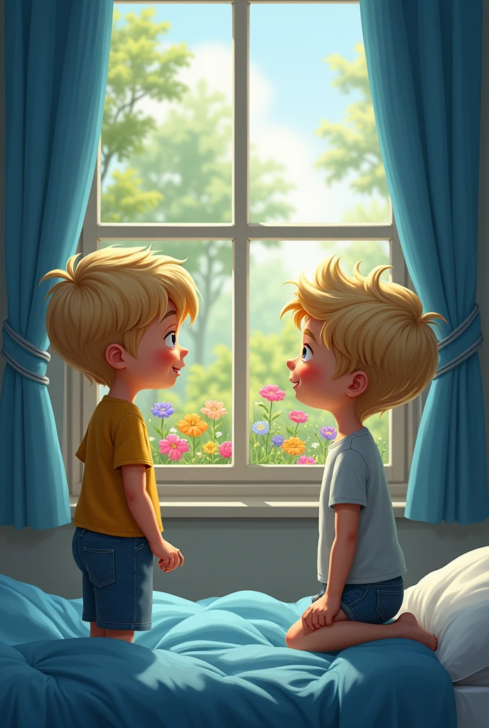 create a sequence where the blond boy turns towards the window, looks at the colorful flowers in the yard and smiles.
Look again at the blue wall of the room and frown., shakes his head and goes to bed.