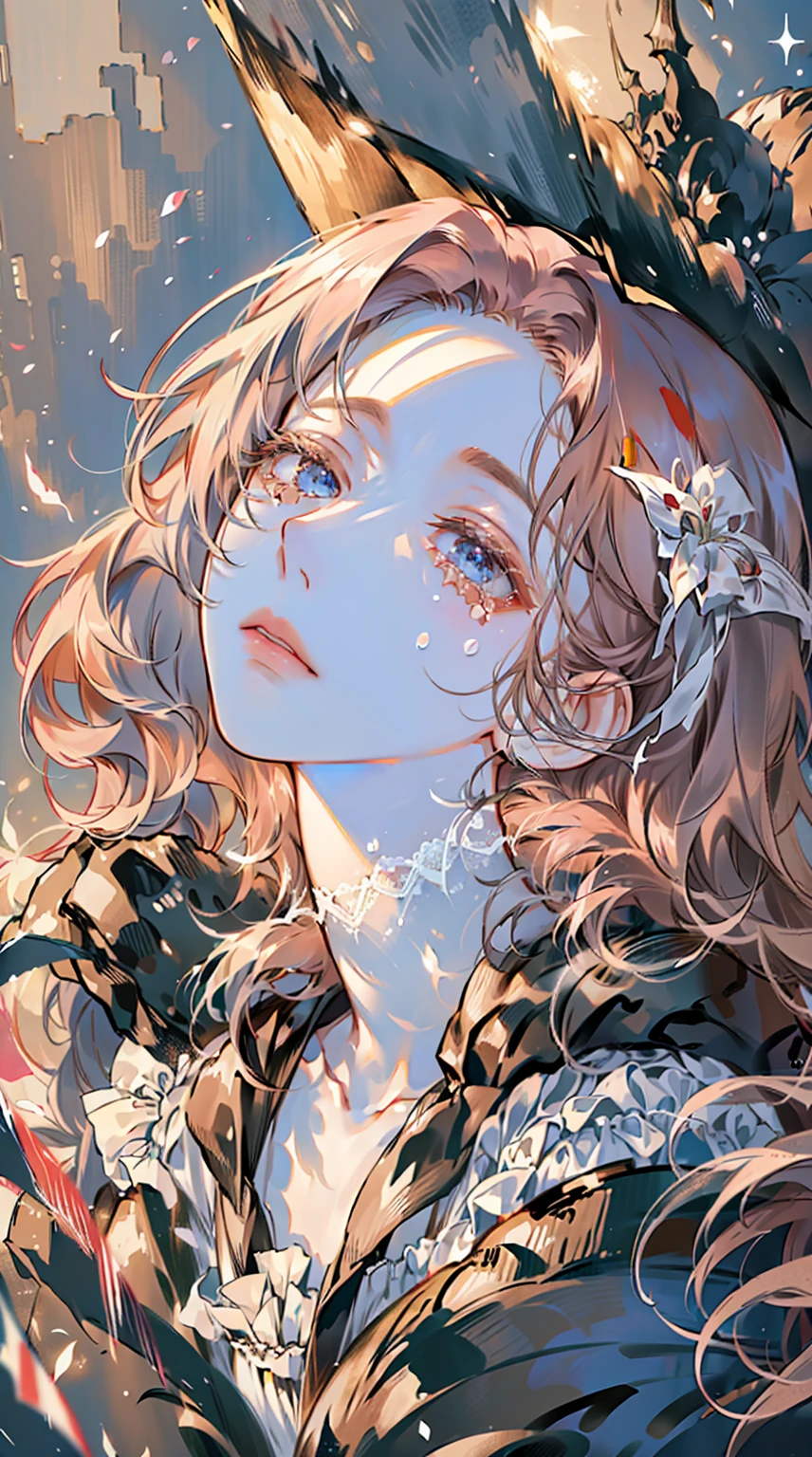 ((best quality)), ((ultra high definition)), ((masterpiece)), ((Romance Fantasy)), ((illustration)), (detailed), (clear), (Perfect), 1 woman, mature, beautiful, pure, sad expression, long pink hair with bangs, white skin, Sapphire blue eyes, Deep double eyelids, abundant eyelashes, Shedding tears, pretty lips, big bust, small waist, White dress with lace, Kneeling on the floor, Look up, marble floor, full body shot