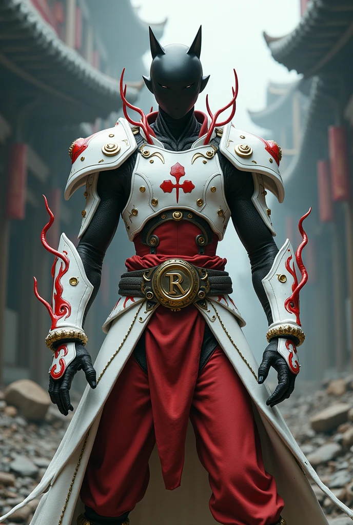 Monster age 35, black alien eyes, without mouth, hair, tech tentacles, white Plate armor, armor breastplate with a pair four-pointed red stars, a gold belt buckle with a letter R, red leotard, plate belt, plate wristband, armor boots with red flames, cyberpunk japanese style, athletic strongest, magic powers, action, black cat nails, crazy pose, dark ruins backgroud, full body