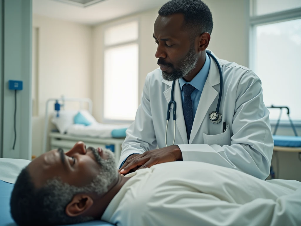 NSFW, Photo brute 8k, Meilleure qualité, chef-d&#39;œuvre, ultra haute résolution, grain de film, film, 1 médecin africain, 1 homme âgé africain , le medinc fait un massa au dos à l'homme âgée qui est allongé sur le ventre sur une table de massage dans une pièce d'hospitalisation, le médecin a un stéthoscope au cou, habillé en blouse de docteur, l'homme âgée habillé normalement 