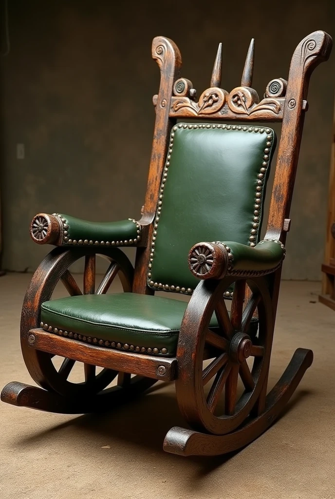 Rocking chair, of wood, rustic style. With large, bulky wheelbarrow wheels on its armrests, A comfortable, padded seat and backrest in dark green leather, and a wood full of openwork details made by a carpenter, with many decorations. Designed for an upper-class hobbit from the Lord of the Rings movie