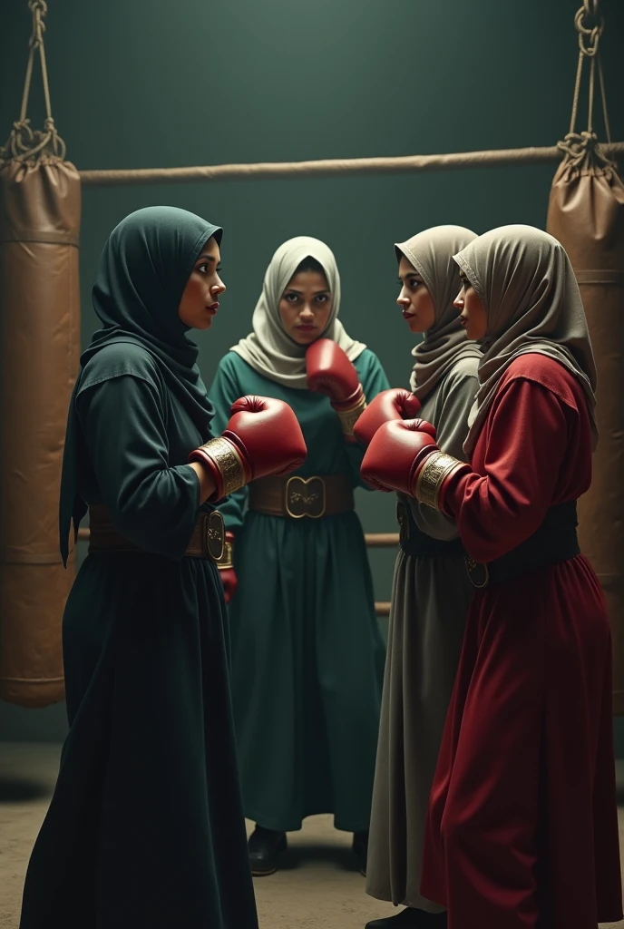 5 hijab women wearing boxing gloves
