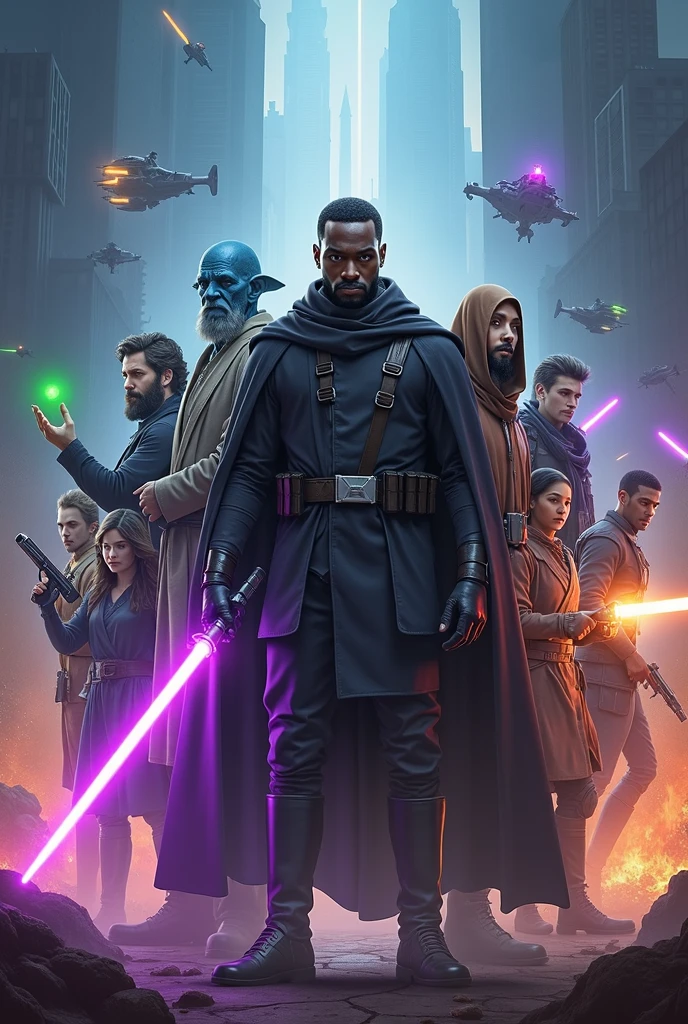 A captivating and visually stunning sci-fi movie poster featuring a central figure, a determined black man in a dark cloak, wielding a glowing purple lightsaber. Surrounding him is a diverse array of characters, including a blue-skinned alien, a bearded elder with a green sphere of energy on his hands, a woman with dark hair and a yellow energy knives, a little strong alien with blue hair wielding a purple energy staff and brown robes and hood, and a slim human-shaped droid in black heavy armor wielding a heavy blaster. The background showcases a futuristic cityscape with towering structures, while aerial combat spacecraft engage in intense battles. The color palette is a striking blend of blues, oranges, and reds, evoking an intense and dynamic atmosphere. The composition is packed with action and intrigue, making it an unforgettable illustration that promises a thrilling cinem, illustration, poster, cinematic