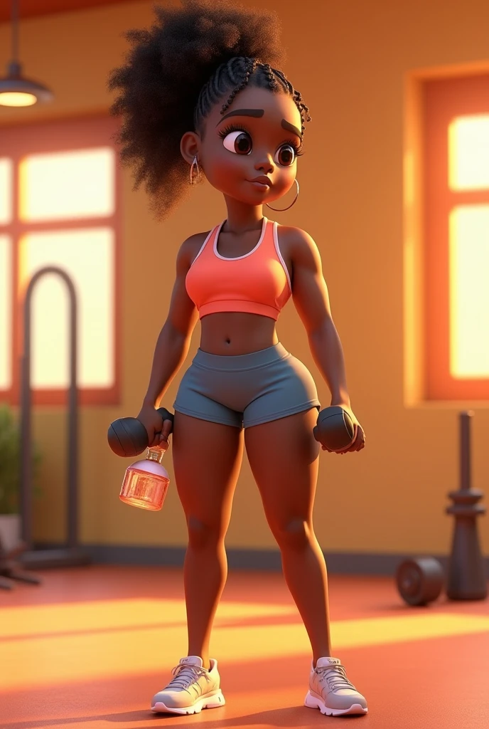 pixar 3d drawing of a black brazilian woman, full body hair tied in ponytail and braid in gym clothes standing holding a bottle of water and a gym weight