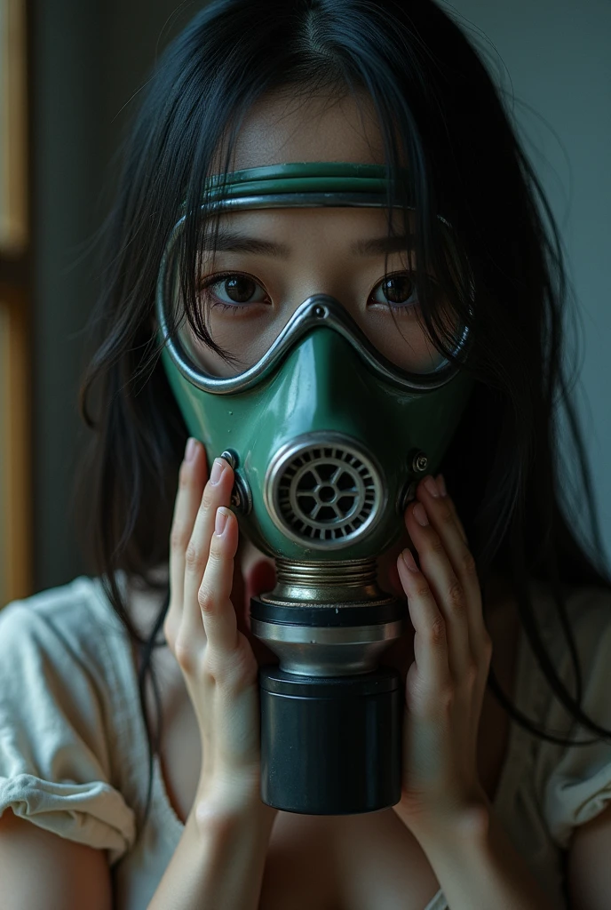 NFSW, photo-realistic, ultra-realistic, very beautiful Japanese, famous Japanese idol, young girl, She is restrained, latex BDSM, Vulgar, painful expressions, dramatic scene, masterpiece, beautiful eyes, full-face gas mask