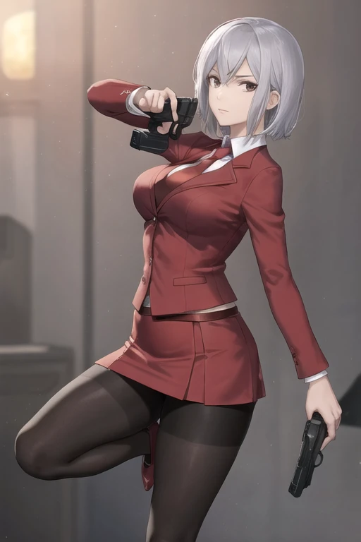 Highest quality、Ultra HD、Vivid colors、One Woman、(Silver short hair)、(Red Blazer 1.3)、(Red tie)、(shirt)、(Red Heels 1.1)、((Red Mini Tight Skirt))、((Black Tights 1.2))、((1 holding a gun in both hands.5))、stylish、Beautiful Face、(Black Belt 1.2)、2 female、Glamorous Body、(Sunset slum background 1.2)、((Clear and beautiful touch))