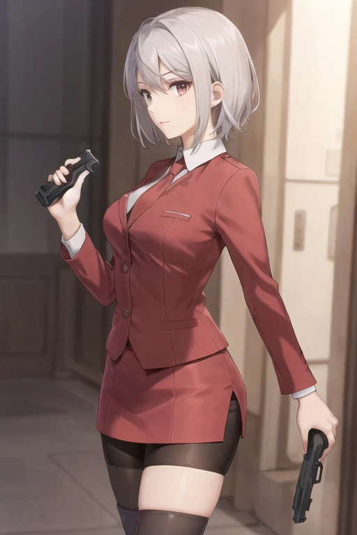 Highest quality、Ultra HD、Vivid colors、One Woman、(Silver short hair)、(Red Blazer 1.3)、(Red tie)、(shirt)、(Red Heels 1.1)、((Red Mini Tight Skirt))、((Black Tights 1.2))、((1 holding a gun in both hands.5))、stylish、Beautiful Face、(Black Belt 1.2)、2 female、Glamorous Body、(Sunset slum background 1.2)、((Clear and beautiful touch))