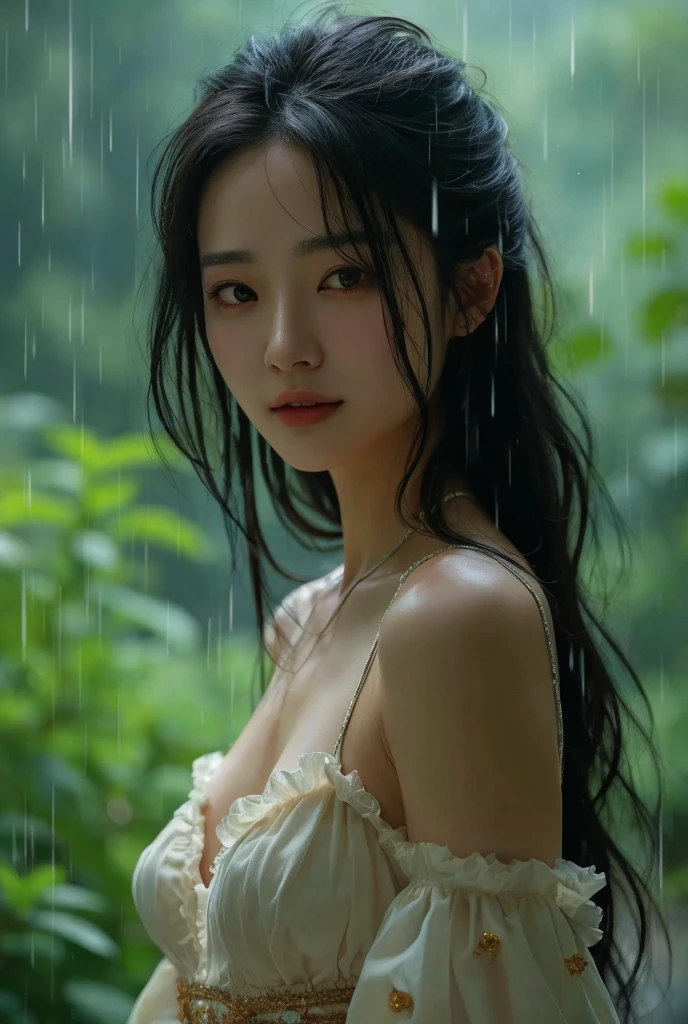 1girl, long black hair, high , shy, blush, wet, rain, transparent, (masterpiece, best quality), soft light, cinematic composition, cinematic light
