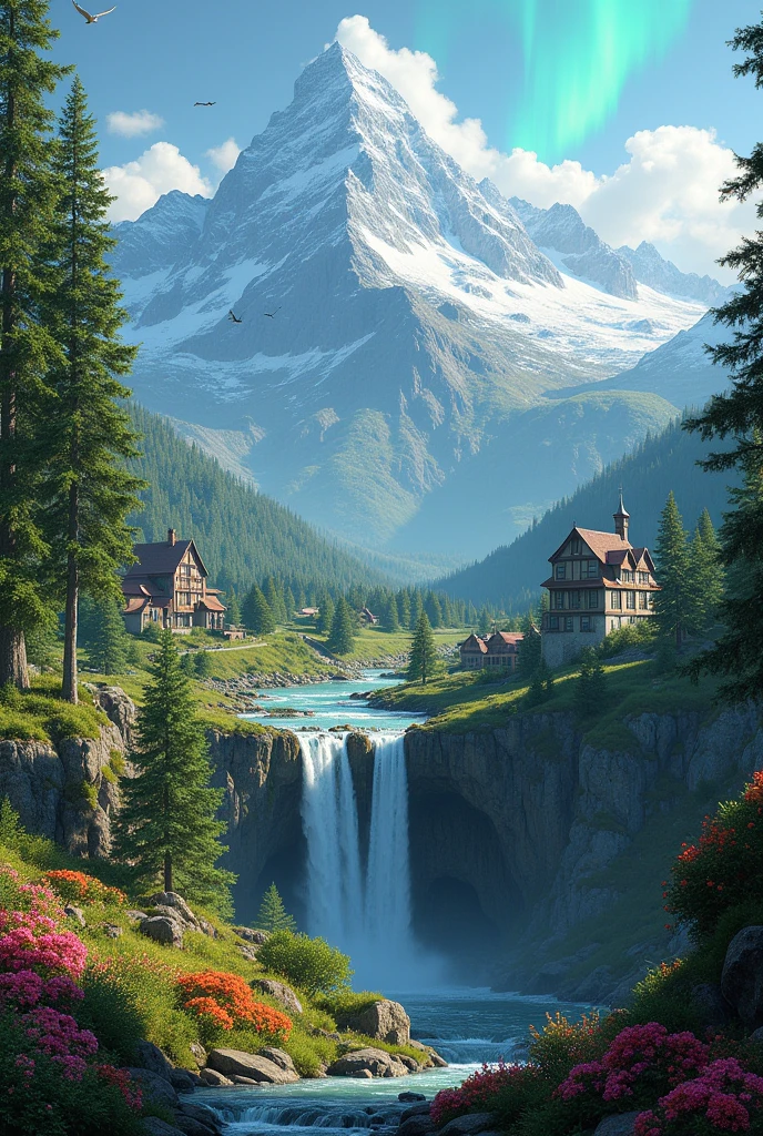 Create a landscape with forests and rivers, waterfalls and an icy mountain with the blazing sun, with roads and a field of flowers, with birds and animals, with northern lights and hills and houses in the medieval style.