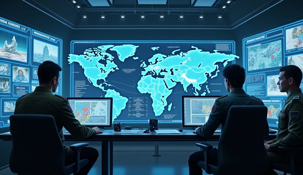 Depict a dynamic and futuristic command center with digital simulations of military logistics and response planning. Include holographic maps showing disrupted environments like natural disasters and military operations, with defense leaders analyzing scenarios in real-time. The image should reflect the integration of advanced software technology and military expertise, highlighting the company's mission to enhance operational efficiency through innovative solutions