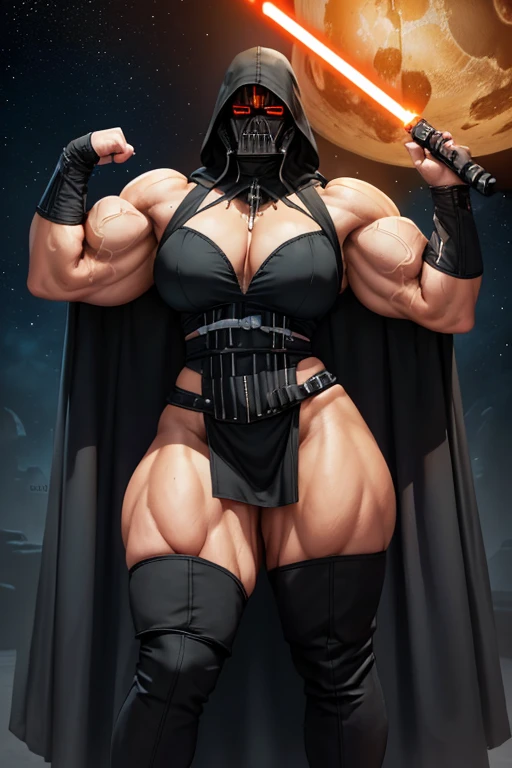 ((Massive, tall, beautiful, buff, muscular light brown skinned female Sith Lord with black hair, black lipstick, ginormous bulky muscles, holding a red lightsaber and wearing a tiered gothic dress with a Sith hood)), (close view), black eyeliner, massive muscles, massive biceps, hyper muscle triceps, long straight hair, (((glowing orange eyes))), (tiered gothic dress), thigh high boots, In space, (Sith hood), nighttime, (evil smile), hyper muscles arms, hyper muscle legs, massive arms