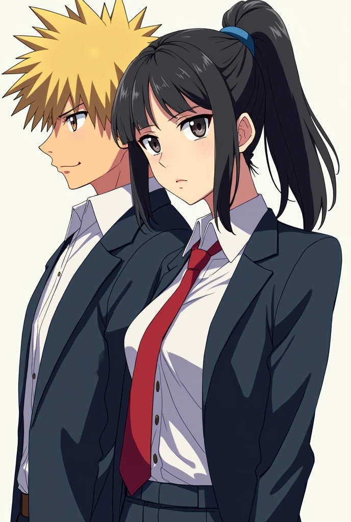 anime girl with black hair tied in a ponytail and Bakugo Katsuki in the style of anime boku no hero academia. clothes school uniform U.A