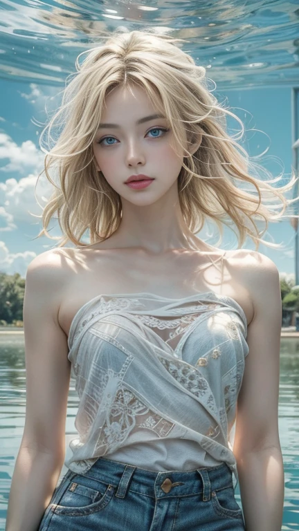 (masterpiece: 1.2, Portraiture, Highest quality), Realistic, (Live Action, Intricate details, Written boundary depth), Highest quality, masterpiece, Attention to detail, semi-Realistic, Swimming in the lake, shy, 2, Short blonde, blue eyes, blonde、 Slim figure、Shoulder Bare、Shorts and T-shirt 、Blue sky and a few clouds、Shoulder Bare