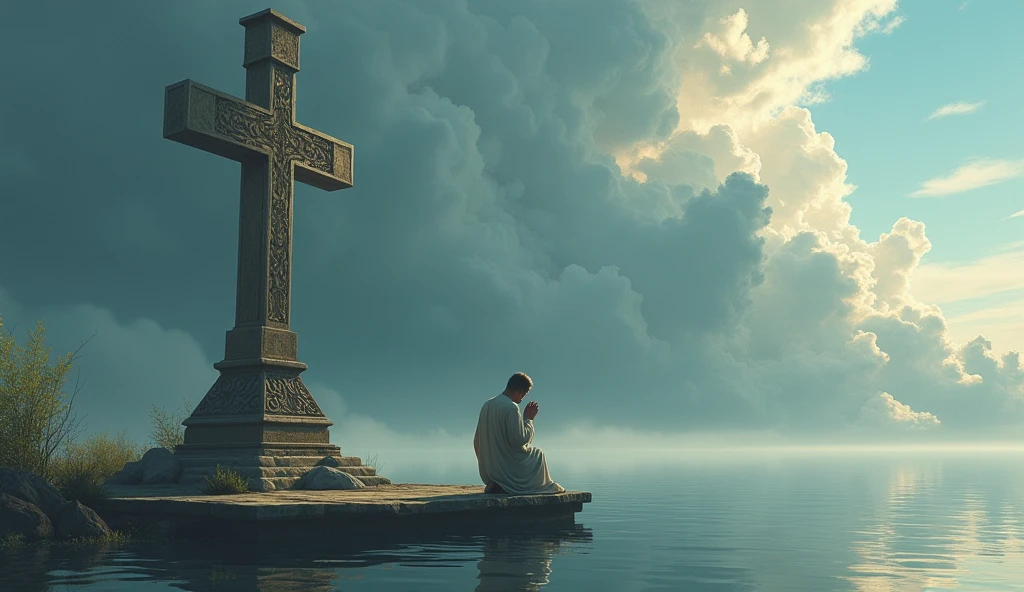 Christian man praying in front of the cross, middle of lake with huge cloud in sky