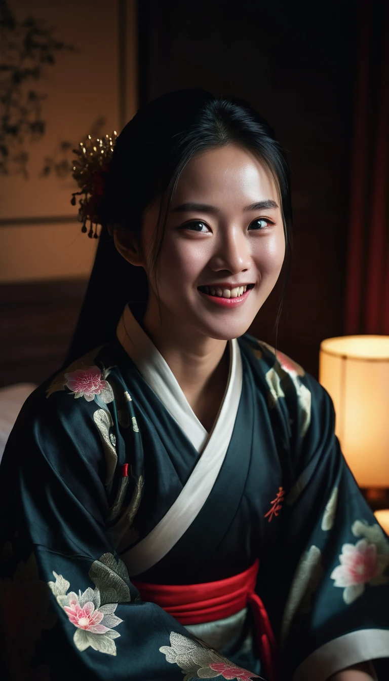 A young girl, happy face, eyes wide open, rosy skin, smiling mouth. Sitting on the bed, looking into the darkness, the room is lit up. Black hair, traditional Chinese dress. Peaceful atmosphere, dramatic lighting, close-up shot.
Hong Kong cinema style. Cinematic lighting, high detail, 8K, artstation, conceptual art, dark fantasy. Photo taken with Canon EOS R5 85mm f/11 camera, sharp mode of people and surrounding scenery. 8K picture quality, realistic, masterpiece, sharpest and highest contrast, excellent depth of field, stereoscopic light, Direct light on the face.