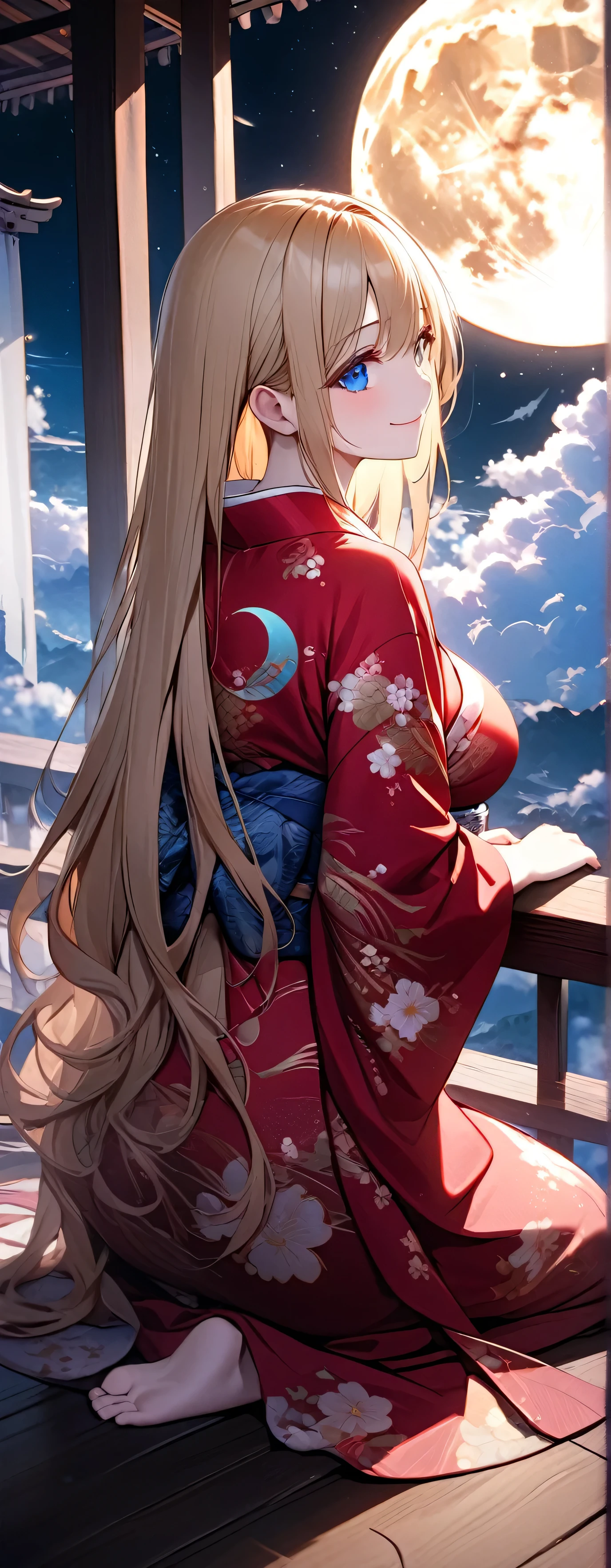 beautiful girl: 1.3),1girl,masterpiece, Highest quality, Ultra-high resolution,Rich contrast,super high quality,8k,Highly detailed CG unit wallpaper,texture,Unbelievably absurd,Ultra-high resolution,RAW Photos,Depth of Field 1.2,(Beautiful and detailed kimono),smile,Light blue eyes,Very fine eye,bigeyes,Droopy eyes,White skin,blonde,Long Hair,moon between the clouds,stardust,,mystic glow,phantom moon,(from behind:1.8), (Gazing-into-the-Distance:1.3),(Looking Up 1.3),Veranda,seiza,She is gazing at the moon,voluptuous