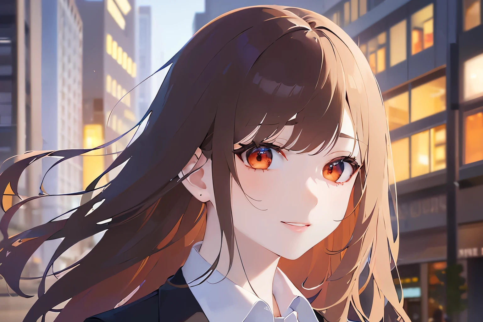 side angle, Upper Body, Realistic, real person, (pale skin: 1.2), RAW photo, photorealistic, shiny skin, shiny hair、(A 2 woman with medium-length hair and bangs) and (wavy hair) and (brown hair) and (orange eyes), (business suit:1.5) and (white collared shirt) 、smile, The background is in focus at night、Alone、Are standing
