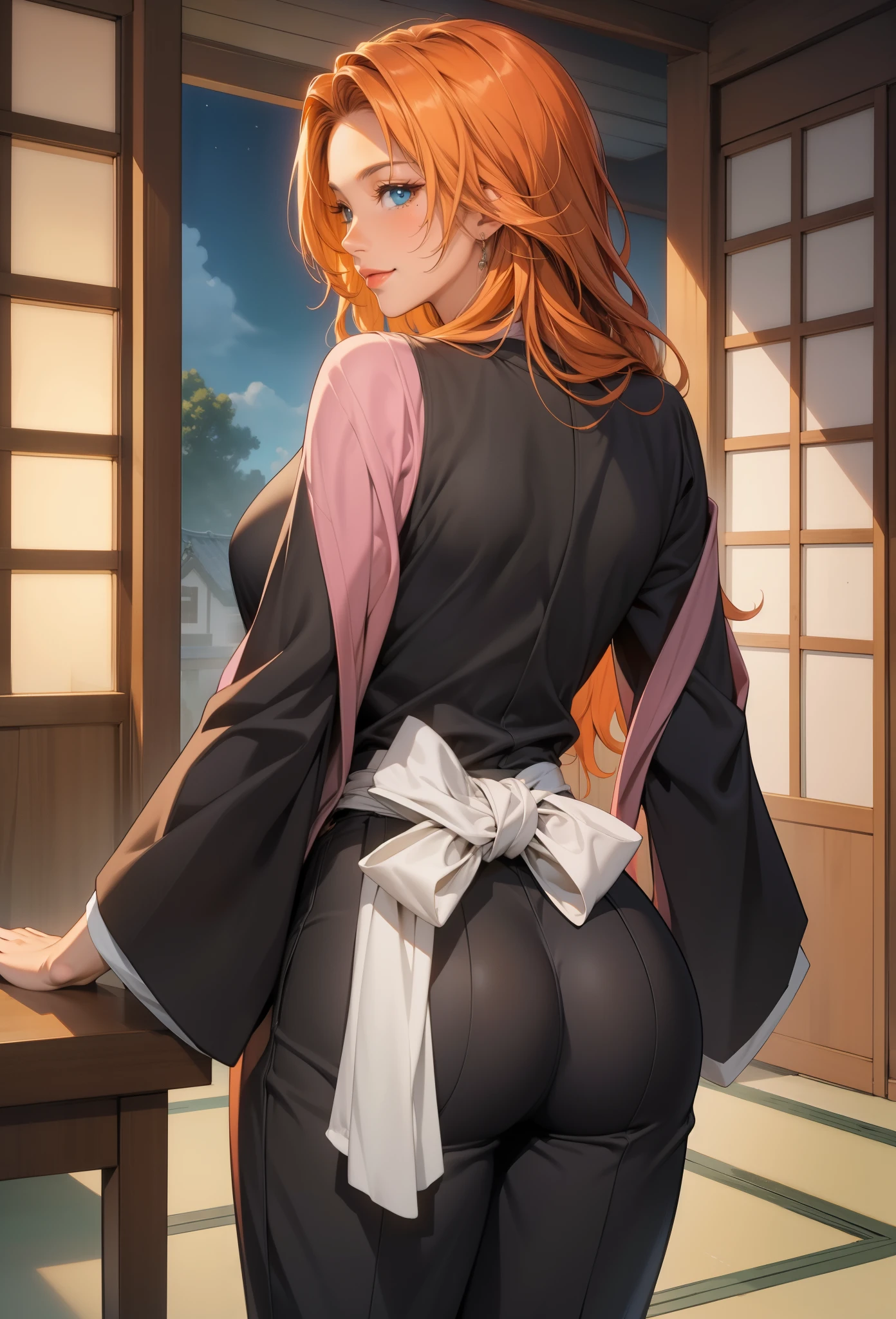 perfect eyes:1.2, detailed eyes:1.4, smile, matsumoto rangiku, haori, long hair, orange hair, blue eyes, mole under mouth, black robes, black kimono, japanese clothes, pink scarf, white sash, black hakama pants, cowboy shot, 1girl, solo, (masterpiece:1.6, best quality), 8k, insane details, intricate details, hyperdetailed, hyper quality, high detail, ultra detailed, professional, HDR, ray tracing reflection, cinematic lighting,
