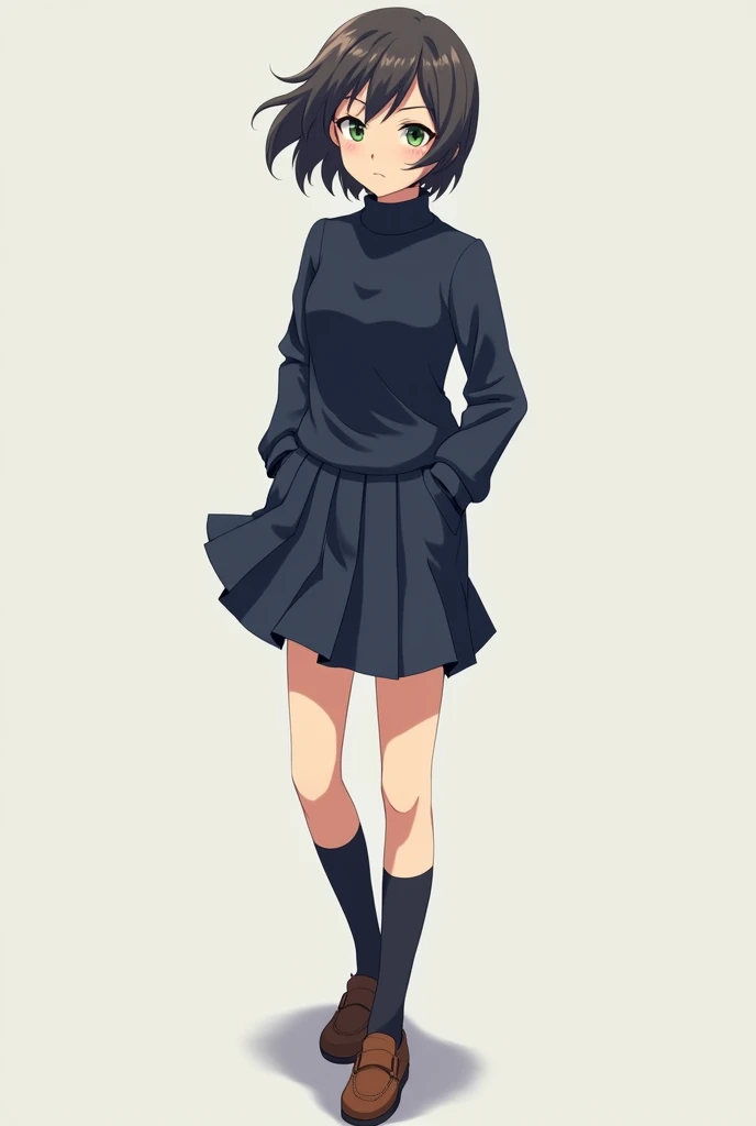 Generate a girl but she is tomboy with short hair and her uniform is a dark navy blue uniform consisting of a high-collared, short-sleeved blouse and a pleated skirt. The blouse has a simple design with a high neckline, while the skirt falls to about mid-thigh. She completes the look with dark knee-high socks and brown loafers. Nobara's outfit is practical yet stylish, reflecting her confident and no-nonsense personality in anime version