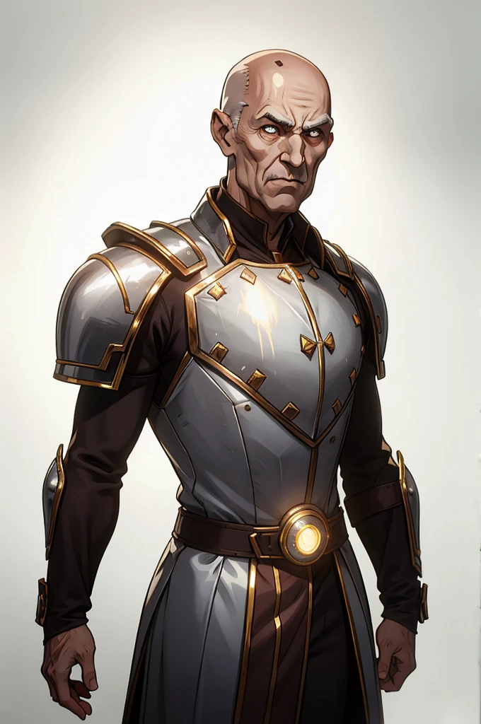 bald gaunt old man with hollow cheeks in a silver French Cuirassiers Breast-Plate chest Armor with brown robe below and glowing si-fi LED light attached, portrait, plain white background