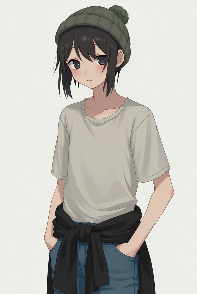 A boyish, downcast man with a knit cap, dark circles around his eyes, skinny, facing forward T-Shirts A single knot at the back of the head where the jacket is tied around the waist Small breasts hands in jeans pockets This seemingly energetic college boy