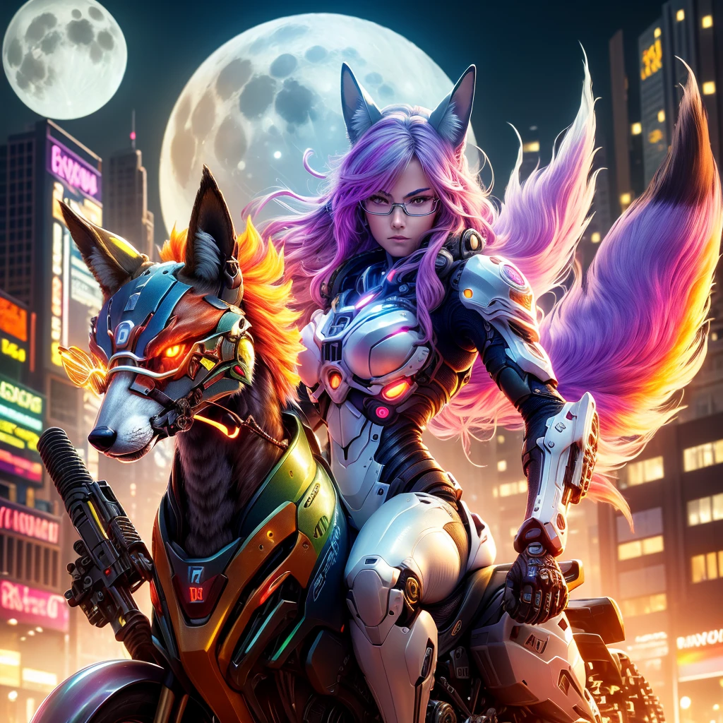 a highly detailed cyborg fox, a girl with glasses riding the cyborg fox, holding a gun, close-up shot, (rainbow-colored moon:1.2), futuristic city downtown, masterpiece, best quality, hyper-detailed, photorealistic, vibrant colors, dramatic lighting, cinematic composition